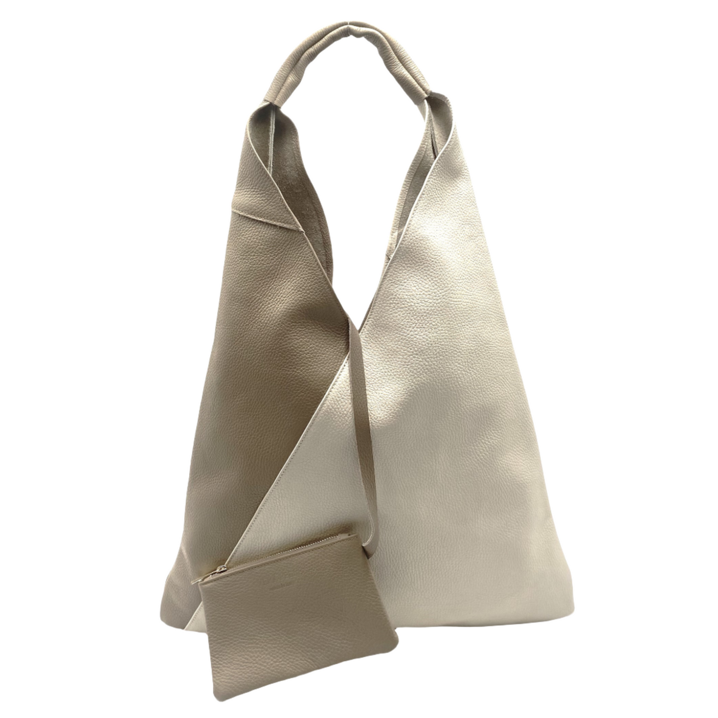 Reanna Leather Triangle Hobo Bag - Beige and Taupe